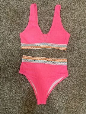 Pink Textured Two-Piece Swimsuit with Striped Waistband